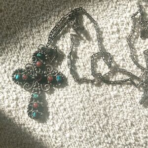 Vintage Handmade Sterling Silver Taxco  Cross Pendant with Gemstones and Chain